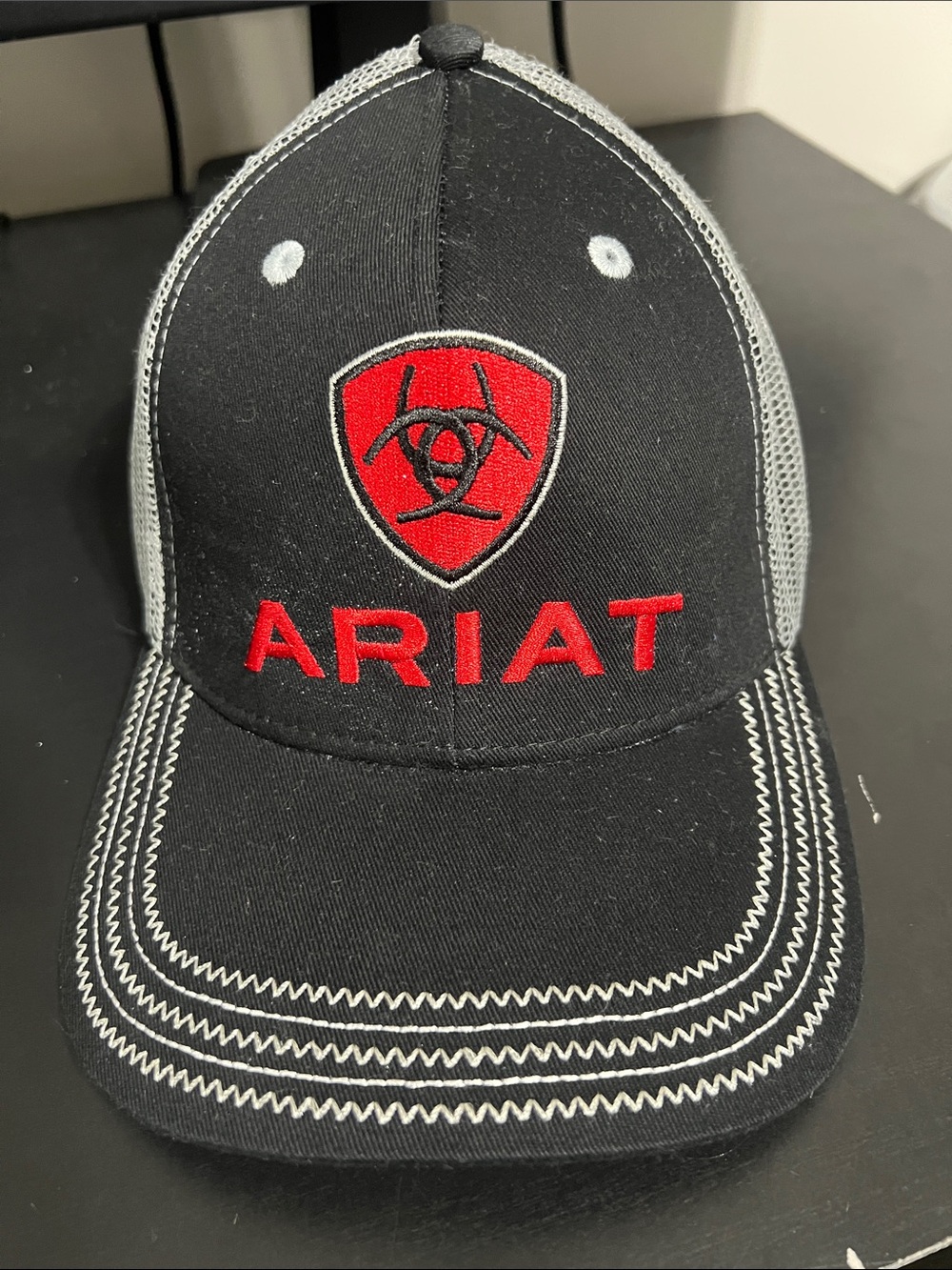 Ariat Black and Red Shield Logo Mesh Trucker Hat